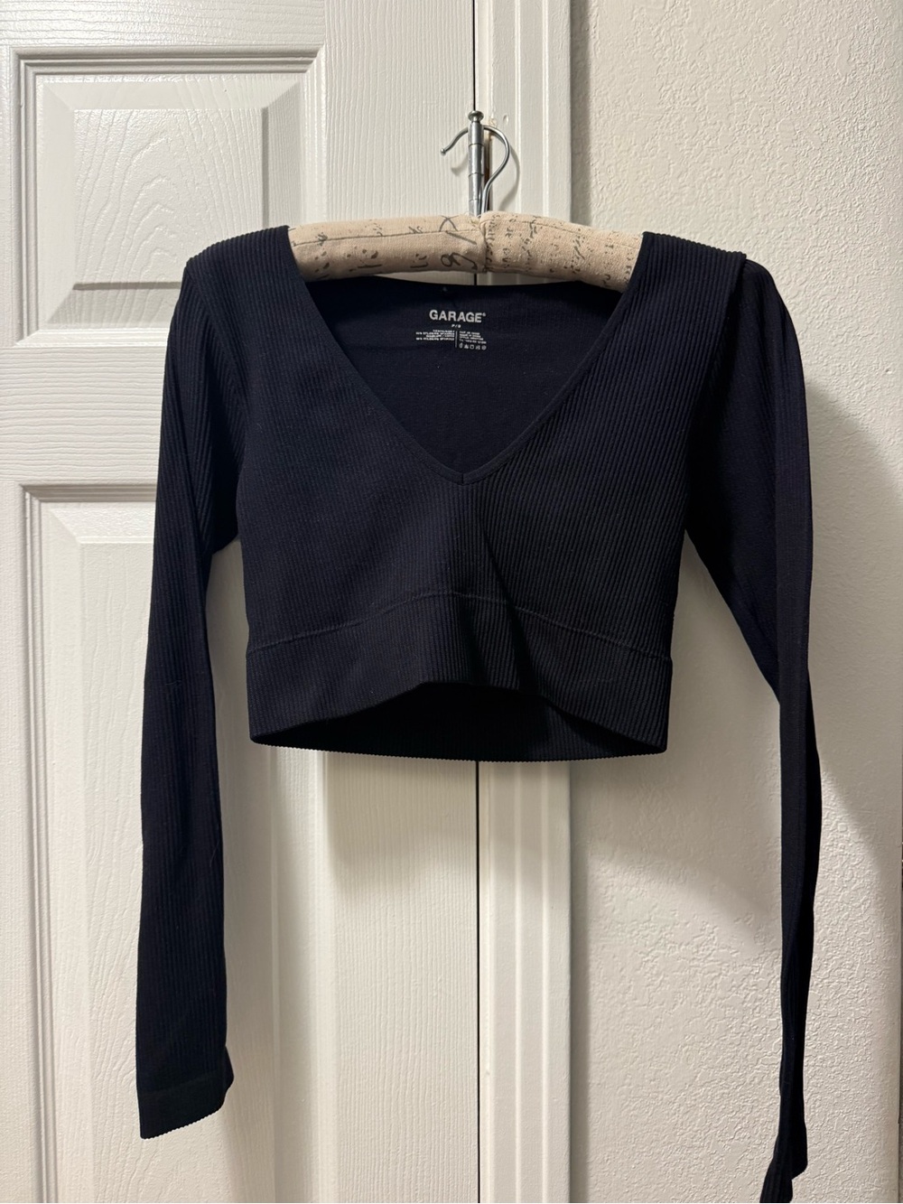 Garage Black Ribbed V-Neck Long Sleeve Cropped Top